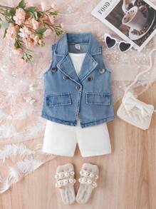 Baby Girls' Casual Denim Vest Top Three-Piece Set For Summer