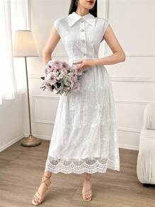 Modelyn Solid Button Front Lace Dress Long Evening Dresses - White - View 4
