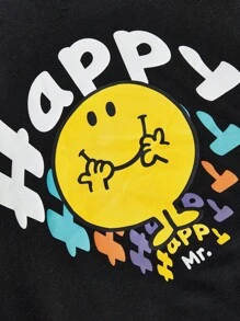 Mr Men Little Miss X SHEIN Young Boy  Cartoon Emoticon English Round Neck T-Shirt And Shorts Set, Summer - Black - View 4