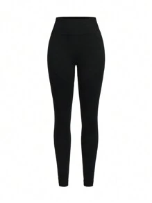 SHEIN Sports 女性純色簡約日常運動打底褲 - 黑色 - 查看 10