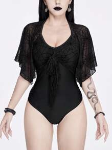 ROMWE Goth Spider Web Print One Piece Swimsuit - Black - View 1