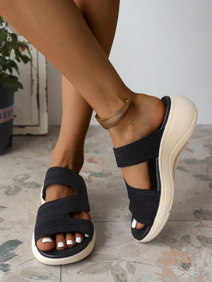 Women's Plus Size Fashionable Patterned Wedge Sandals, Perfect For Outdoor Wear - Black - View 1
