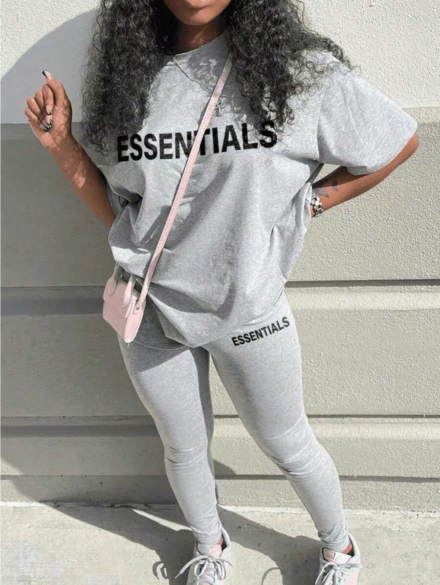 INAWLY Solva Letter Graphic Drop Shoulder Tee & Leggings - Grey - View 1