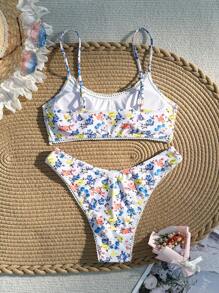 SHEIN Swim 女士夏季沙灘迷你花卉比基尼套裝，隨機圖案 - 彩色 - 查看 2