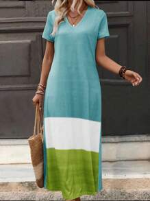 SHEIN LUNE Color Block Batwing Sleeve Tee Dress - Multicolor - View 4