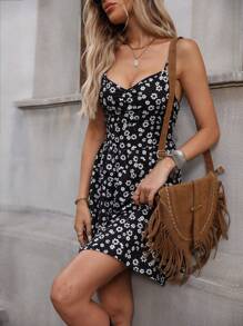 Chiquease 女裝休閒印花假日肩帶雪紡夏日連身裙 - 黑色 - 查看 7