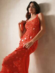 Anewsta Women's Red Exclusive Paillette-Sequined Crocheted Midi Cover Up Dress Summer - Orange - View 2