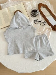 Baby Boy And Girl Gray 2pcs Hooded Short Sleeve Top With Decorative Patches And Loose Knitted Shorts, Casual, Comfortable, Breathable Fabric, Suitable For All-Match And Cute Outfits, Fashionable For Daily Wear, Korean Style, Perfect For Staying At Home, Or Going To School