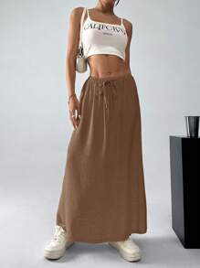 SHEIN EZwear Solid Drawstring Waist Casual Brown Skirt - Coffee Brown - View 6