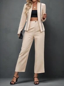 SHEIN Clasi Color Block Slim Fit Women's Suit Set With Long Sleeved Open Front Blazer And Pants - Apricot - View 1