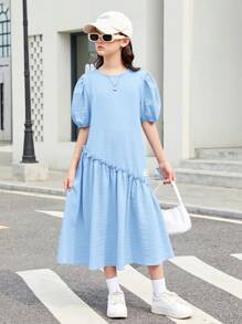 SHEIN Đầm Midi cổ tròn tay bong bóng dễ thương cho bé gái Tween với thiết kế xẻ tà - Màu xanh nhạt - Xem 5