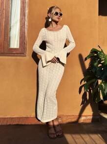 SHEIN VCAY Wakacyjna damska, długa, elegancka sukienka sweterkowa z okrągłym dekoltem i rękawami typu trąbka - Morela - Zobacz 3