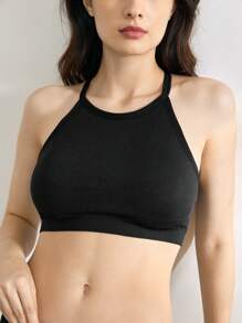 Solid Color Cropped Ribbed Knit Halter Basic Top - Black - View 5