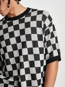 Manfinity EMRG Camiseta de punto para hombres con patrón de damero y hombros caídos