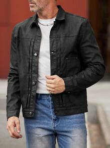 Manfinity Homme Men Solid Button Front Denim Jacket - Black - View 7