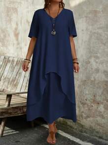 EMERY ROSE Vestido de verano sólido con escote en V para tallas grandes - Azul Marino - Ver 1