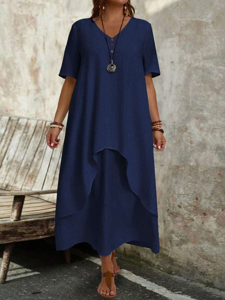 EMERY ROSE Vestido de verano sólido con escote en V para tallas grandes - Azul Marino - Ver 1