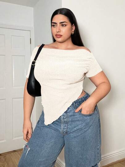 SHEIN Essnce Spring/Summer Plus Size Women's Fashionable Open Shoulder Short Sleeve T-Shirt