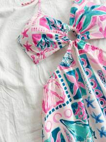 Soleia 女士度假风格薄荷绿海洋元素印花腰部镂空前圆环装饰吊带蝴蝶结海滩西方节日夏季波西米亚风 A 字裙 - 彩色 - 查看 3