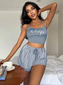 夏季字母图案吊带上衣和条纹短裤睡衣套装 / 睡衣套装、睡衣