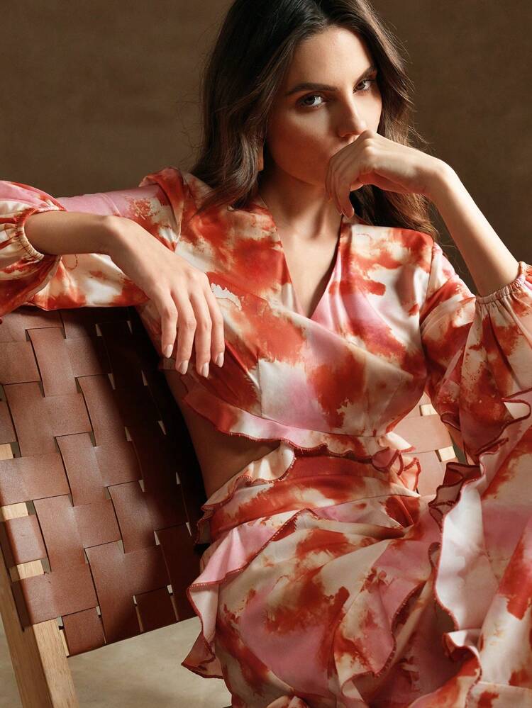 ロングスリーブ Vネック ホロー アウト ウェスト ラッフル サイドスリット バケーションスタイル ドレス