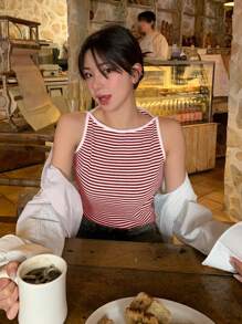 DAZY Top corto de cuello de barco de rayas para mujer, informal de negocios para verano - Rojo y blanco - Ver 3