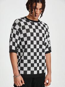 Manfinity EMRG Camiseta de punto para hombres con patrón de damero y hombros caídos