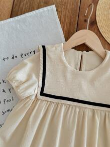 SHEIN Young Girl Solid Color Adorned Pocket Turn-Down Preppy Dress - Apricot - View 4