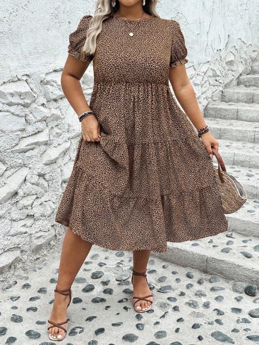 SHEIN Plus Size Boho Leopard Print Ruffle Hem Dress For Summer Women Outfit - Coffee Brown - View 1