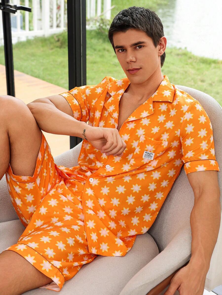 Men Allover Print PJ Set / Pajama Set For Daily - Orange - View 1