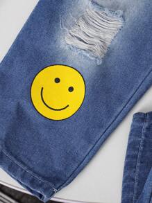 New Summer Toddler Baby Girls' Casual  Elastic Comfortable Short Cami Top With Smile Face Prints And Ripped Jeans