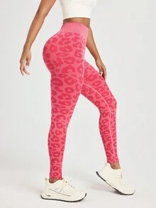 Easithlete 女士無縫高腰豹紋打底緊身褲，適用於日常穿著和運動 - 玫紅色 - 查看 5