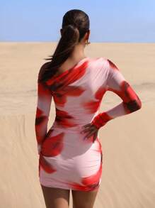 SHEIN BAE 女士花卉印花不对称肩长袖连衣裙，适合海滩度假、聚会、约会、日常穿着