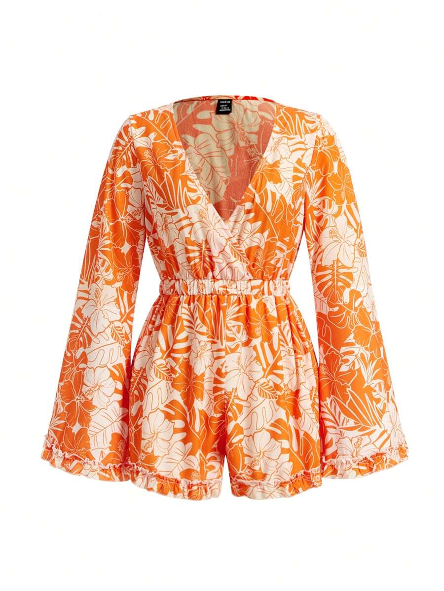 SHEIN SXY 女士熱帶印花沙灘假期短袖連身褲，波浪袖和彈性腰帶 - 彩色 - 查看 1