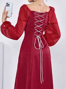 Modelyn Elegant Contrast Mesh Lantern Sleeve Ruched Bust Dress Fall Cloth For Women - Red - View 5