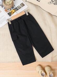 SHEIN Baby Boy Casual Solid Color Pants With Pockets And Elastic Waistband, Suitable For Spring And Summer - Black - View 3