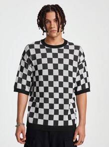 Manfinity EMRG Camiseta de punto para hombres con patrón de damero y hombros caídos