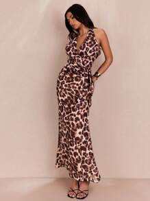 SHEIN BAE Summer Beach Vacation Date Party Sexy Printed Animal Leopard Pattern Halter Neck Bow Tie Backless Women's Tank Top & Maxi Skirt Set For Women