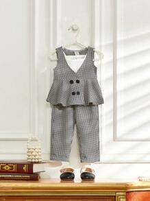 SHEIN Baby Girl Plaid Double Breasted Sleeveless Top And Long Pants Set - Black and White - View 1