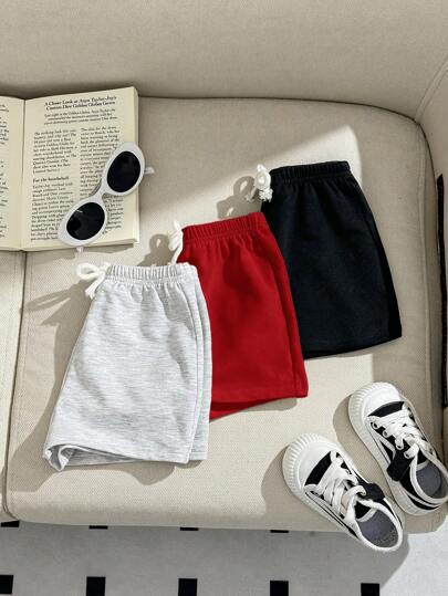 SHEIN 3pcs Baby Boy/Girl Decorative Woven Tape Elastic Waist Sport Shorts Set
