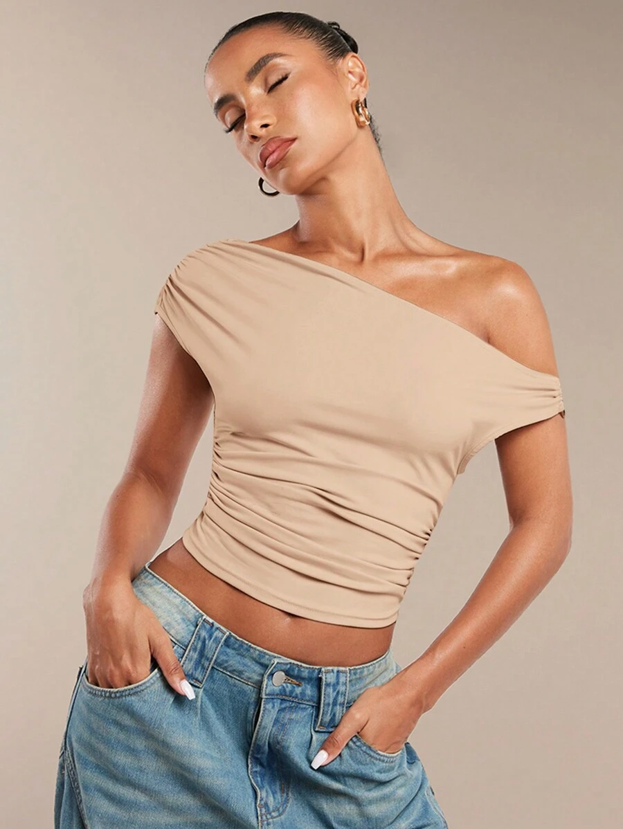 SHEIN BAE Áo crop top mùa hè có cổ bất đối xứng màu trơn dành cho nữ - Màu Khaki - Xem 1