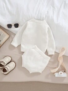 Unisex Baby Beige Fashionable Casual Cute & Comfortable Korean Simple All-Match Jacquard Letter Pattern Sweater 2pcs/Set, Long Sleeve Top And Shorts Combo Suitable For Daily Wear, Travel, And Outdoor Activities, Suitable For Autumn/Winter - Beige - View 2