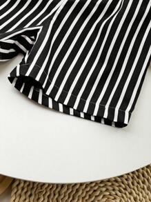 SHEIN Young Boy's Casual Striped Drawstring Summer Suit Shorts - Black - View 4