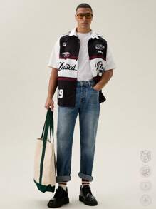 SWAVVY Oversized Men's Letter Graphic Color-Blocked Shirt - Black - View 4