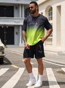 Manfinity Homme Men Plus Letter Graphic Ombre Tee & Shorts For Summer