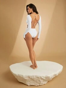 SHEIN Unity Lace Up Open Back Bodysuit With Gold Trim Accent - White - View 4