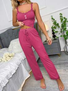 SHEIN Button Front Cami Top & Pants PJ Set / Pajama Set - Hot Pink - View 4