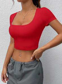 SHEIN EZwear 夏日實心圓領短身T恤