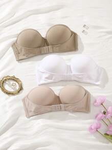 3入組女士純色簡約無肩帶胸罩 - 彩色 - 查看 3