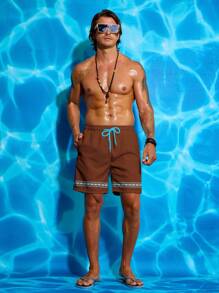 Manfinity Men's Vacation Geometric Printed Drawstring Waist Loose Beach Shorts Swim Trunks - Brown - View 4